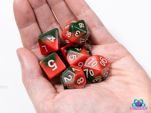Rotten Watermelon | Dark Green and Red, Light Pink Ink, Melting Layers | Resin Dice Set (7)