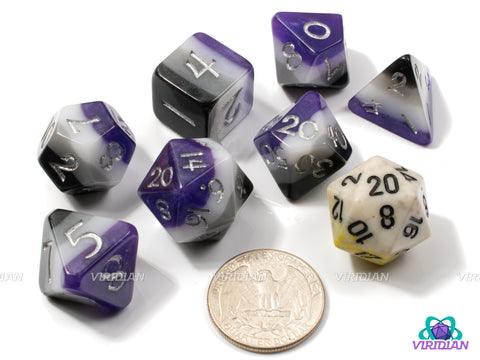 Shimmery Asexual Pride | Layered Black, Purple, Gray, White, Ace Flag, Cut Corners, LGBTQ+ Themed | Resin Dice Set (7)