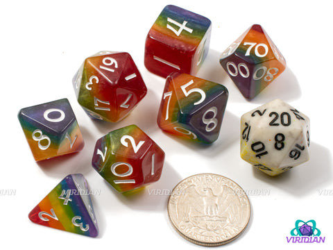 Shimmery Rainbow Pride | Multi-Color Layerered, Cut Corners, Gay, Ace LGBTQ+ Themed, Shimmery | Resin Dice Set (7)