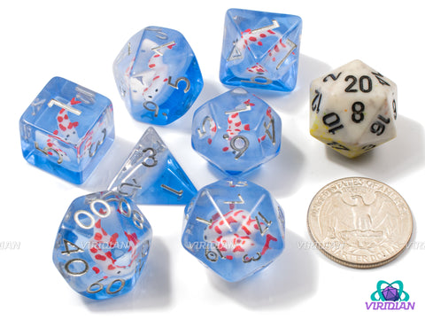 Fresh Fish Friend | White & Red Koi Charm Inside Clear and Bright Blue Layer, Translucent | Resin Dice Set (7)