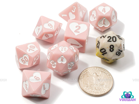 Cupid's Delight | White and Light Pink, Heart Design | Resin Dice Set (7)