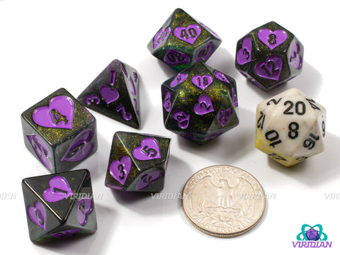 Sweetheart Sparkles | Glittery Gold and Black, Light Purple/Pink Ink, Heart Design | Resin Dice Set (7)