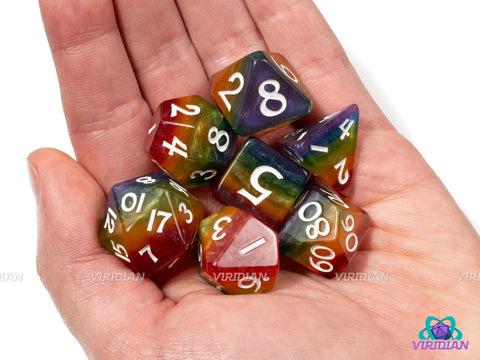 Shimmery Rainbow Pride | Multi-Color Layerered, Cut Corners, Gay, Ace LGBTQ+ Themed, Shimmery | Resin Dice Set (7)