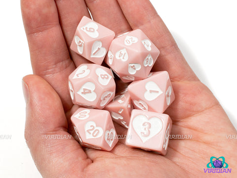 Cupid's Delight | White and Light Pink, Heart Design | Resin Dice Set (7)
