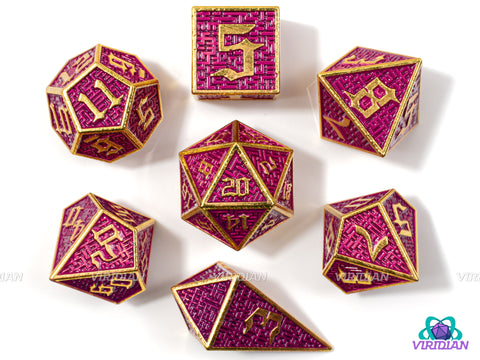 Magenta Labyrinth | Magenta Hot-Pink, Yellow Gold, Maze Design | Metal Dice Set (7)