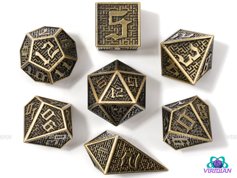 Bronze Maze | Ornate Labyrinth Design, Golden Brown | Metal Dice Set (7)
