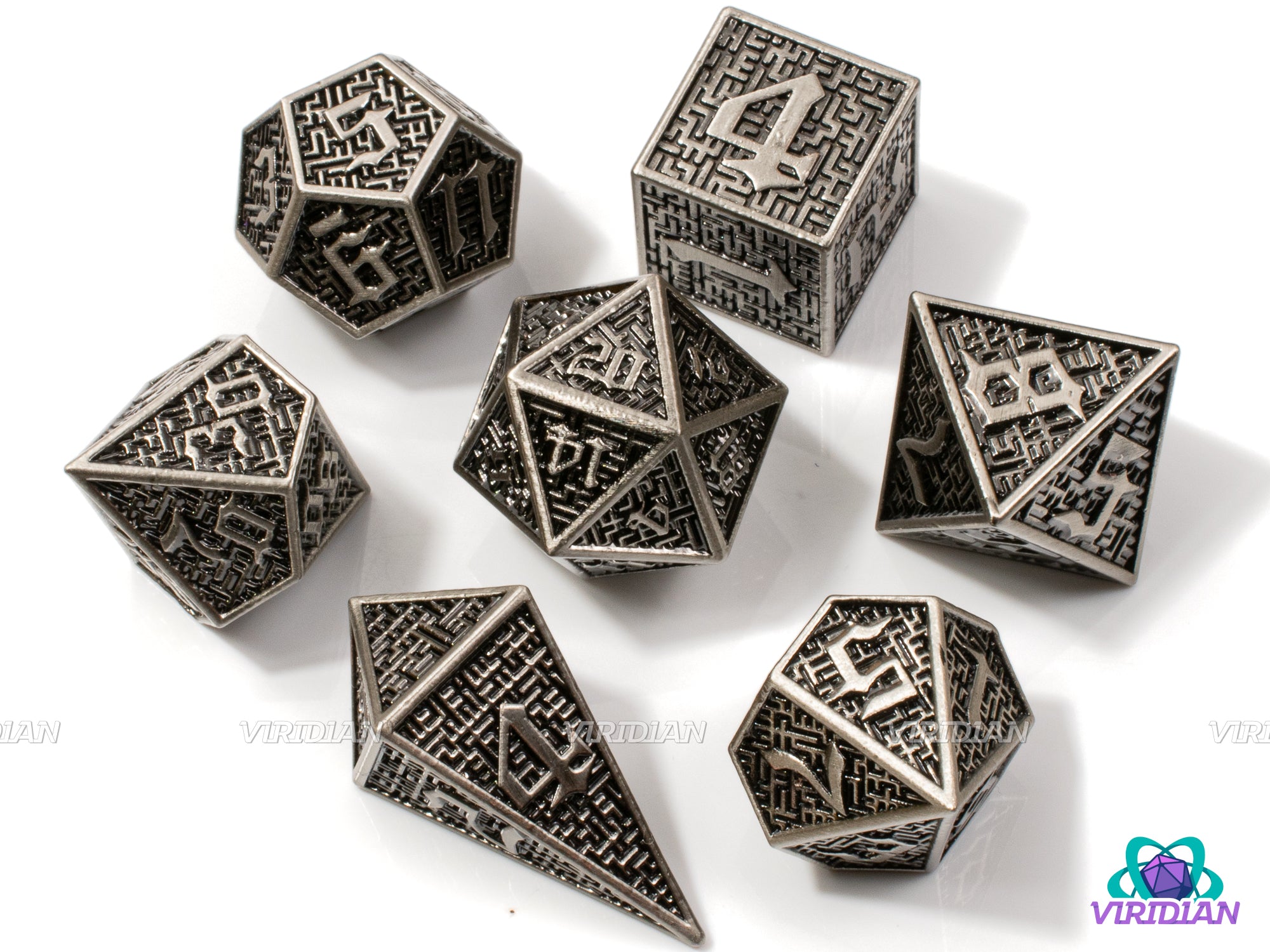 Silver Maze | Ornate Labyrinth Design, Bright and Shiny, Black | Metal Dice Set (7)