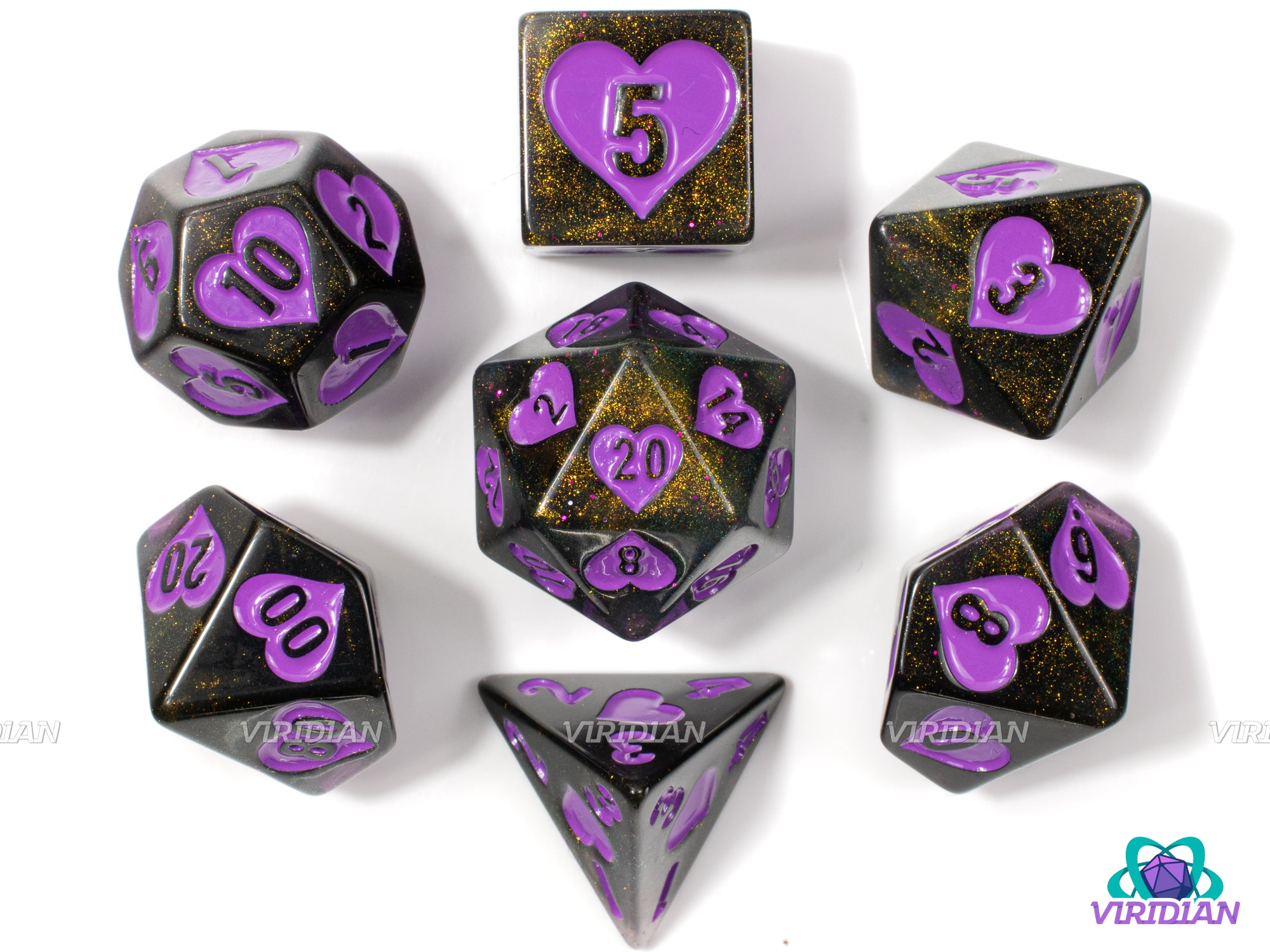 Sweetheart Sparkles | Glittery Gold and Black, Light Purple/Pink Ink, Heart Design | Resin Dice Set (7)