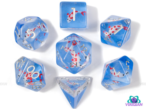 Fresh Fish Friend | White & Red Koi Charm Inside Clear and Bright Blue Layer, Translucent | Resin Dice Set (7)