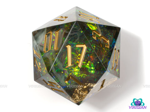 Hazy Vision (D20) | Sharp Edged, Translucent Smoke Gray, Blue-Green Holographic Film, Gold Ink, 33mm | Large Resin Die (1)