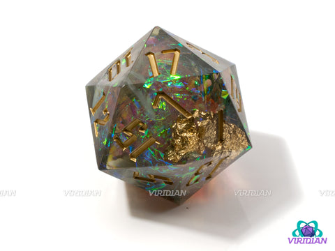 Hazy Vision (D20) | Sharp Edged, Translucent Smoke Gray, Blue-Green Holographic Film, Gold Ink, 33mm | Large Resin Die (1)
