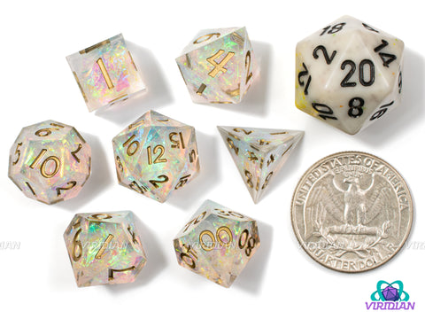 Tiny Blessings (Mini) | Small Clear and Gold Holographic Film, Sharp Edge | Resin Dice Set (7)