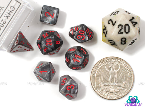 Mini Velvet Black & Red | Black, Gray Pearled. Red Ink | 10mm Acrylic Dice Set (7) | Chessex Mini Wave 3