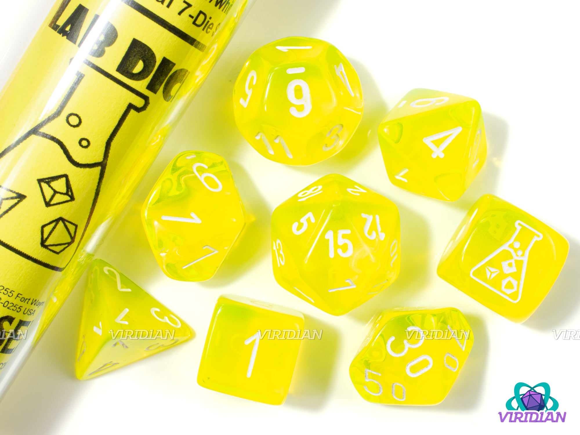 Translucent Neon Yellow & White | Lab 7 (2023) | Chessex Dice Set (7+1 Bonus Die)