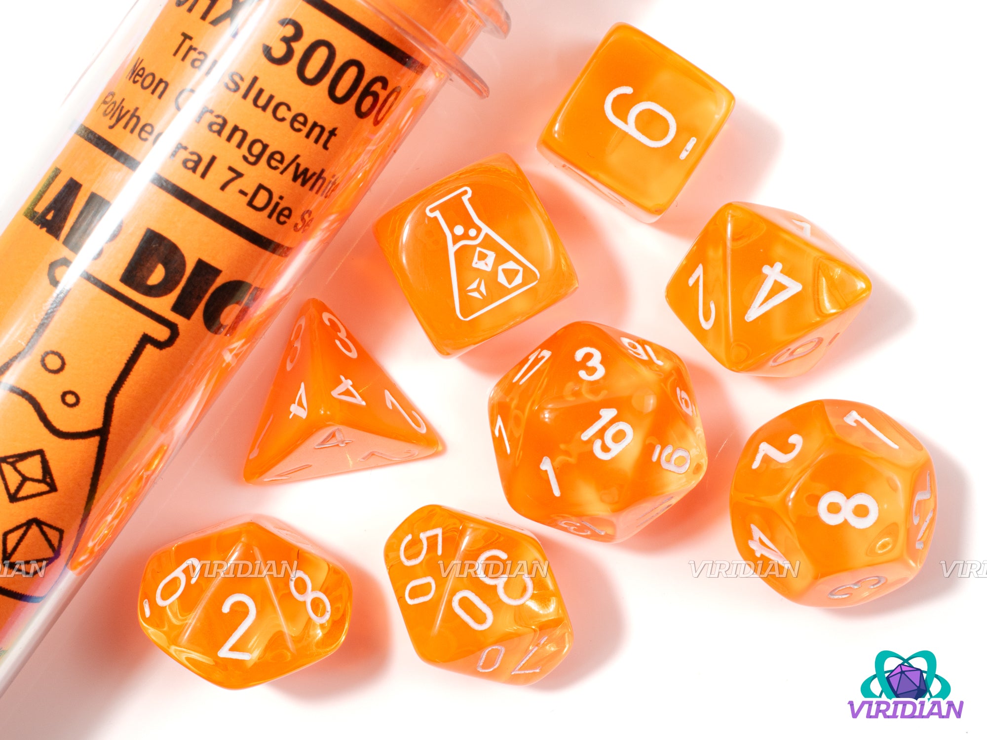 Translucent Neon Orange & White | Lab 7 (2023) | Chessex Dice Set (7+1 Bonus Die)