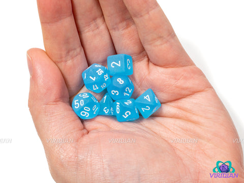 Mini Frosted Caribbean Blue | Frosted Translucent Blue | 10mm Acrylic Dice Set (7) | Chessex Mini Wave 3