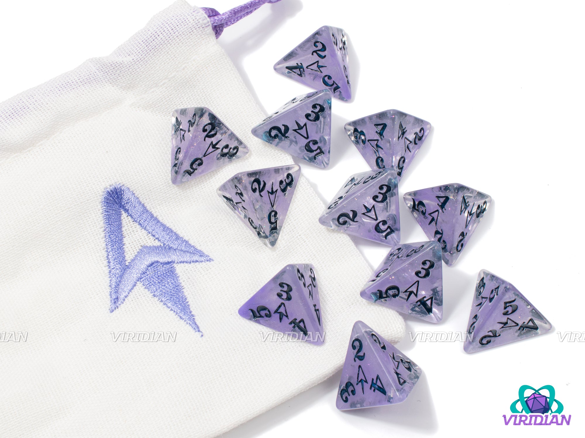 Magic Missile D4 Set | Glittery Light Purple D4s, Numbered 2-5 | Resin D4 Set (11) & Bag