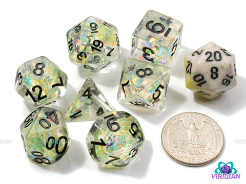 Daylight Dew | Clear Translucent, Gold/Green-Yellow Holographic Film | Resin Dice Set (7)
