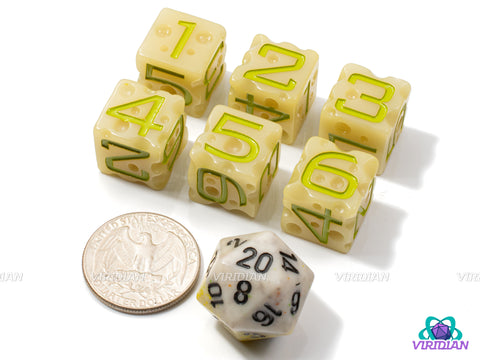 Oops! Moldy Cheese D6s (Set of 6) | Spoiled Dice, Rotten Olive Green, White-Light Yellow w Swiss 