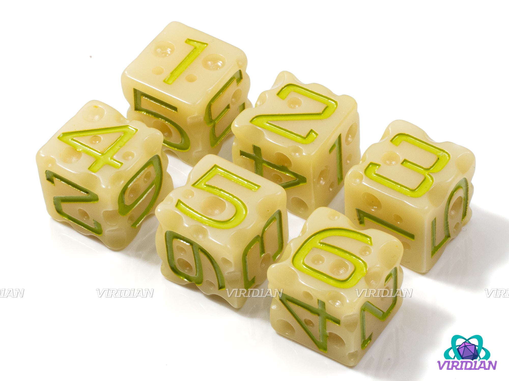 Oops! Moldy Cheese D6s (Set of 6) | Spoiled Dice, Rotten Olive Green, White-Light Yellow w Swiss 