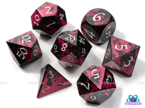 Noir Rose (Aluminum) | Lightweight, Black Aluminum, Pink Magenta Paint Splatter | Metal Dice Set (7)