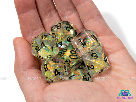 Daylight Dew | Clear Translucent, Gold/Green-Yellow Holographic Film | Resin Dice Set (7)