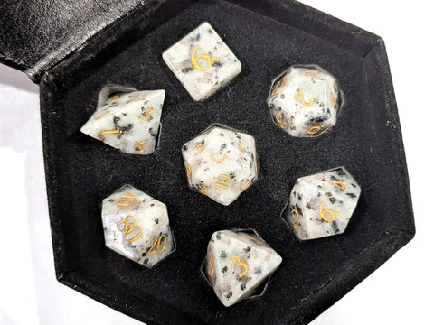 Natural Sapphire | White & Grey-Black Spotted | Real Gemstone Dice Set (7)