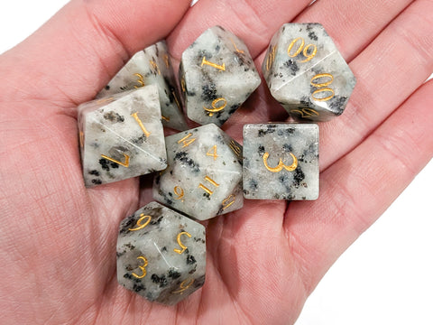 Natural Sapphire | White & Grey-Black Spotted | Real Gemstone Dice Set (7)