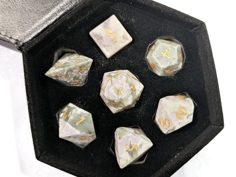 Auspicious Jade Stone | White & Grey Marbled | Real Gemstone Dice Set (7)