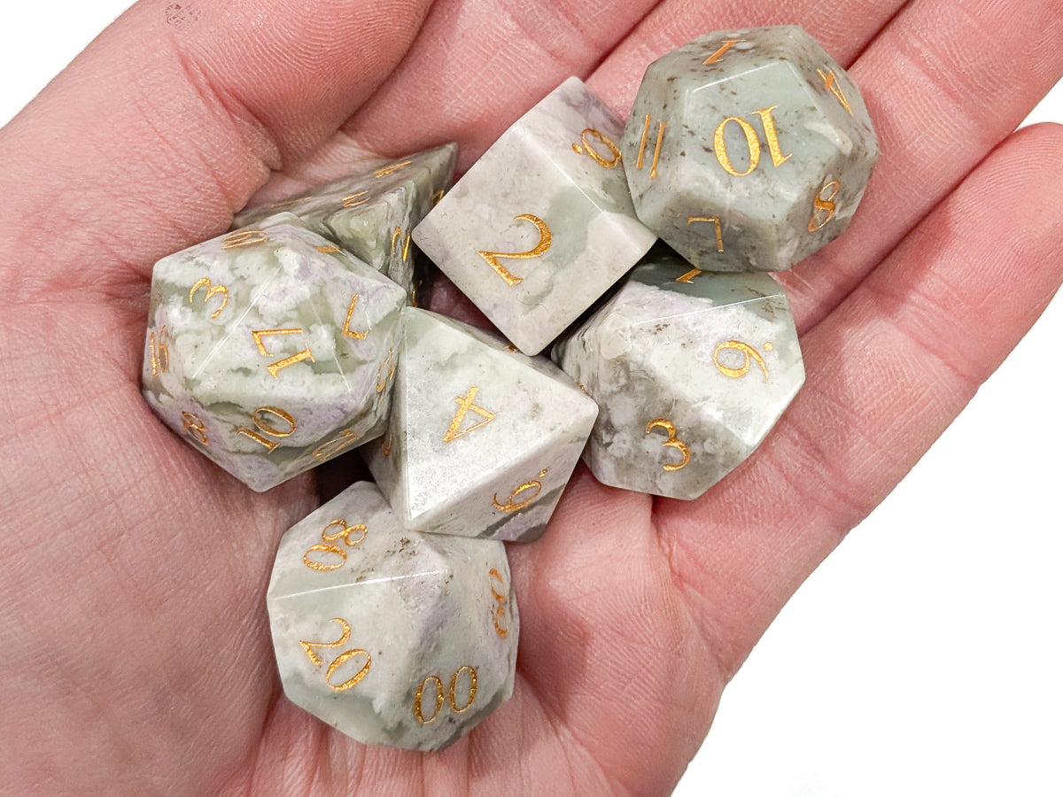 Auspicious Jade Stone | White & Grey Marbled | Real Gemstone Dice Set (7)