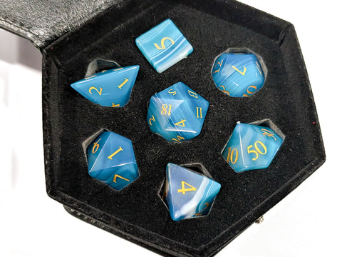 Blue Agate Gemstone | Blue & White | Real Gemstone Dice Set (7)