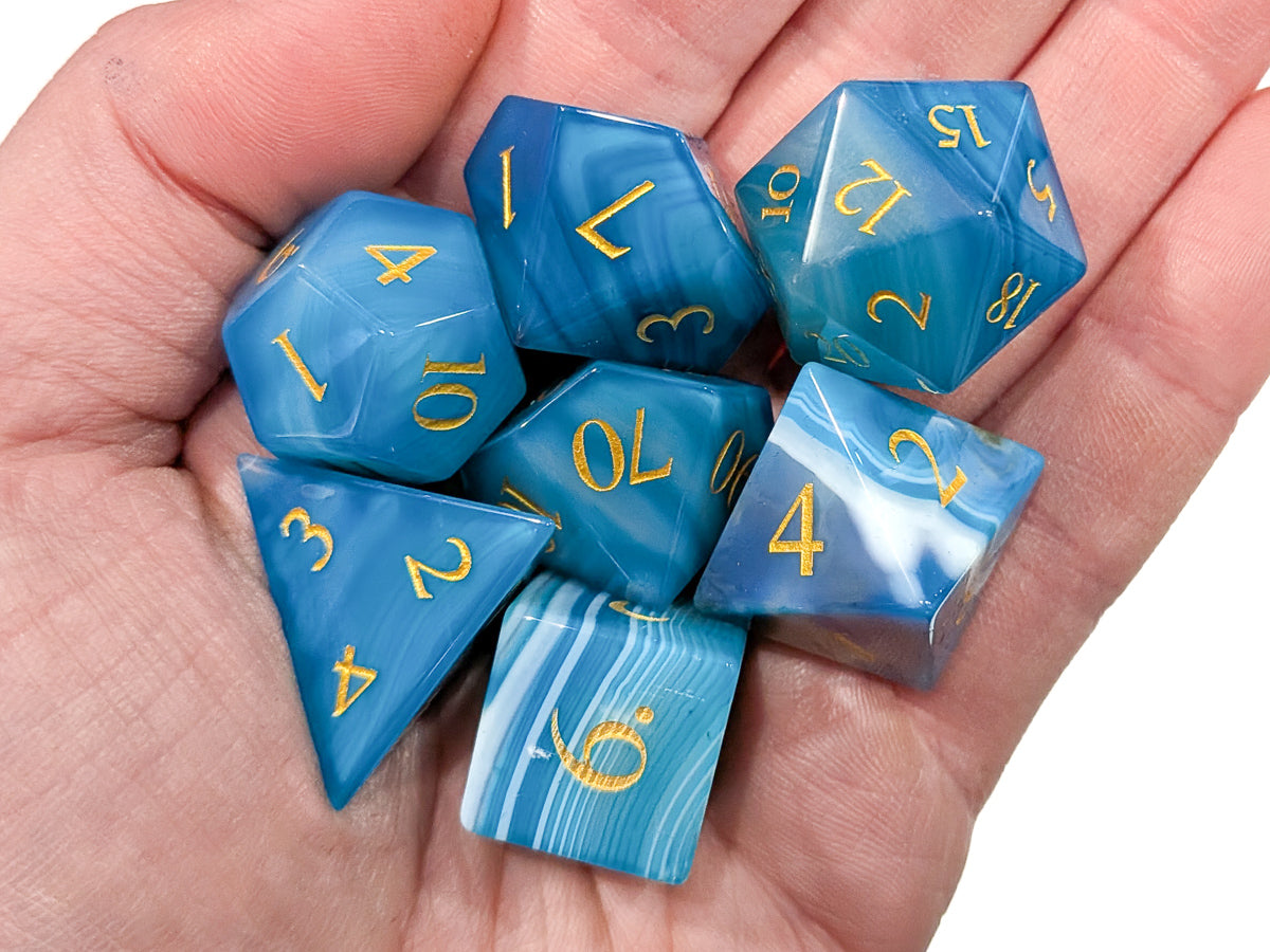 Blue Agate Gemstone | Blue & White | Real Gemstone Dice Set (7)