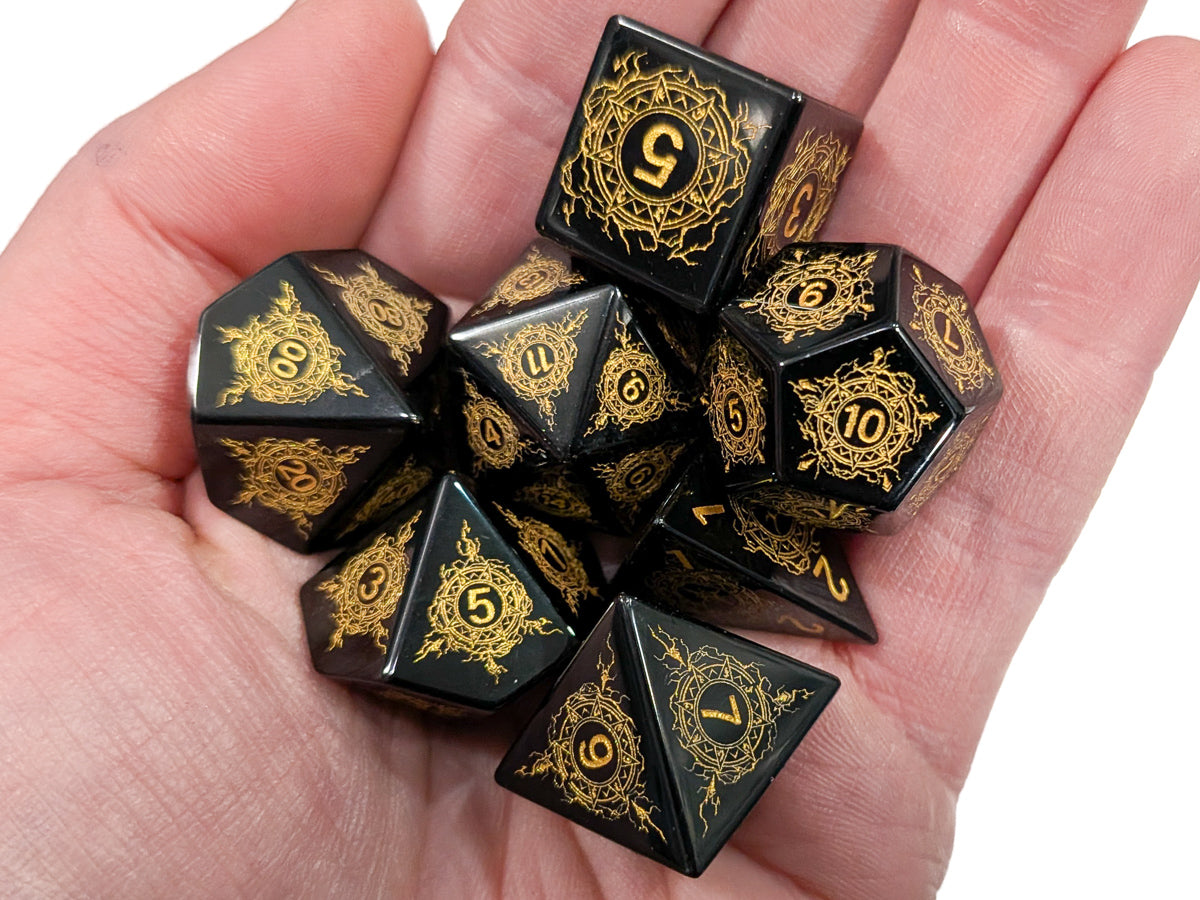 Shiny Obsidian Lightning Gemstone | Real Gemstone Dice Set (7)