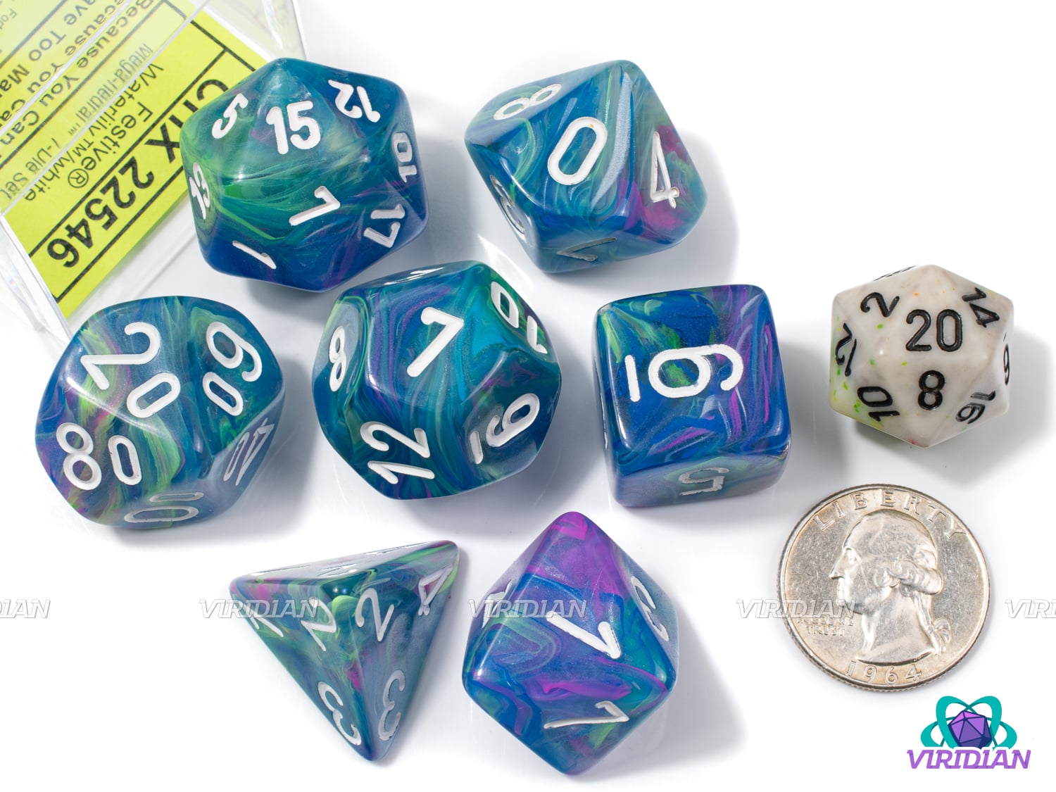 Mega-Hedral Festive Waterlily/White | 22-28mm Giant Blue, Green & Purple Swirls | Acrylic Dice Set (7)