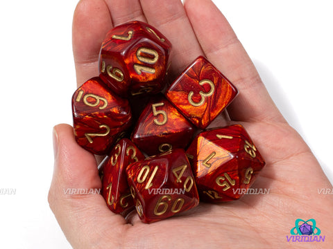 Mega-Hedral Scarab Scarlet/Gold | 22-28mm Giant Red and Gold Swirls | Acrylic Dice Set (7)