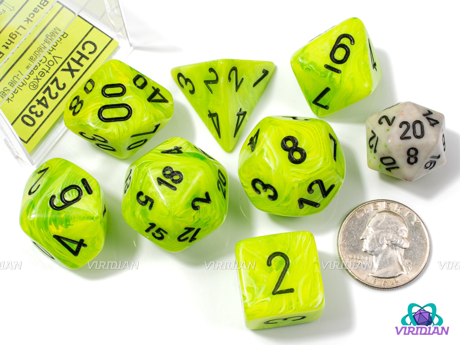 Mega-Hedral Vortex Bright Green/Black | 22-28mm Giant Neon Green-Yellow Swirls | Acrylic Dice Set (7)