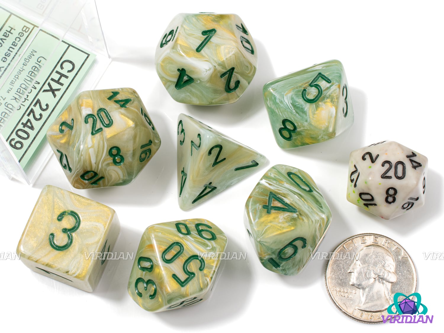 Mega-Hedral Marble Green/Dark Green | 22-28mm Giant Green Swirls | Acrylic Dice Set (7)