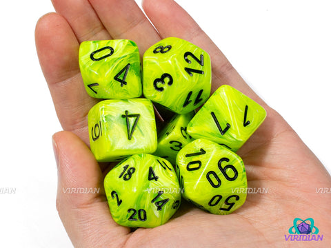 Mega-Hedral Vortex Bright Green/Black | 22-28mm Giant Neon Green-Yellow Swirls | Acrylic Dice Set (7)