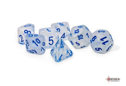 Mega-Hedral Borealis Icicle (Luminary Effect) | 22-28mm Giant Clear, Blue Ink, Glow In The Dark | Acrylic Dice Set (7)