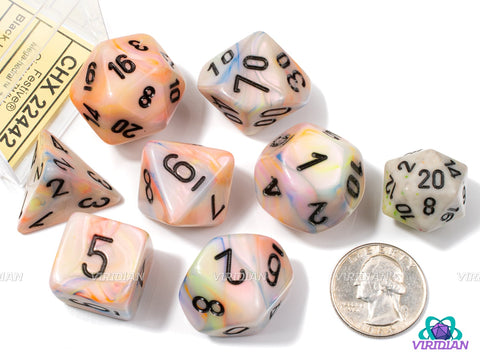 Mega-Hedral Festive Circus & Black | 22-28mm Giant Tan & Multicolor Swirls | Acrylic Dice Set (7)