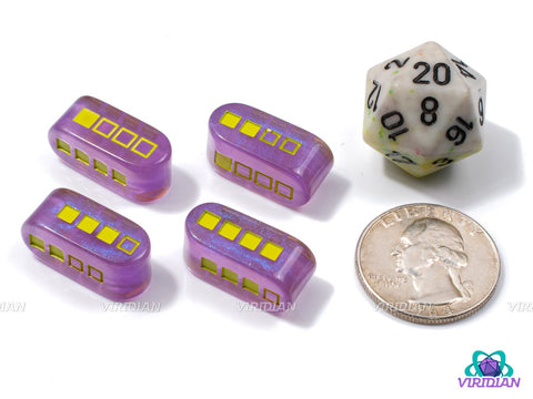 Space Invader Power-Up D4s (Set of 4) | Video Game Power-Up Battery Retro Design, Glittery Purple and Yellow, Modern D4 | Resin Set (4)