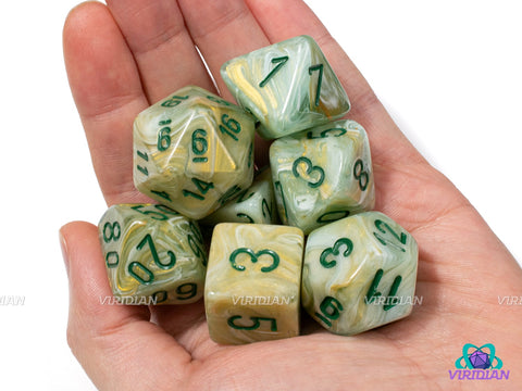 Mega-Hedral Marble Green/Dark Green | 22-28mm Giant Green Swirls | Acrylic Dice Set (7)