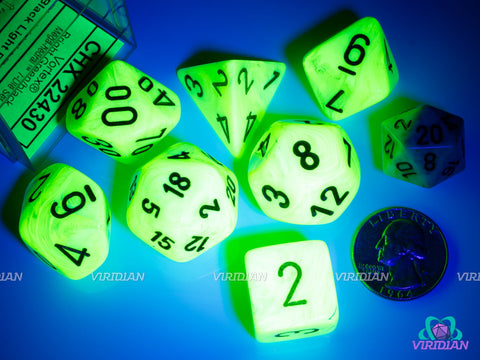 Mega-Hedral Vortex Bright Green/Black | 22-28mm Giant Neon Green-Yellow Swirls | Acrylic Dice Set (7)