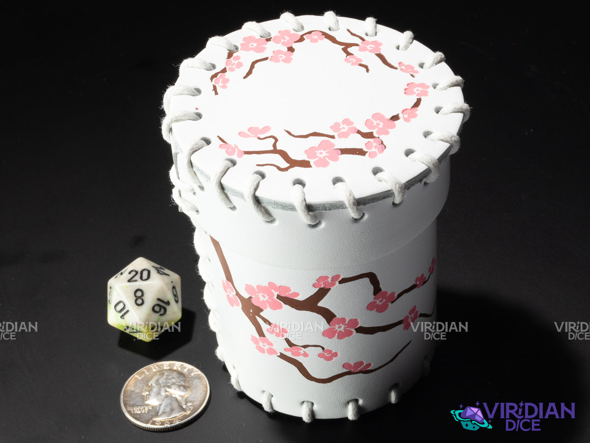 Japanese Cherry Blossom | White & Pink Floral Design | Leather Dice Cup (1)
