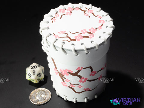 Japanese Cherry Blossom | White & Pink Floral Design | Leather Dice Cup (1)
