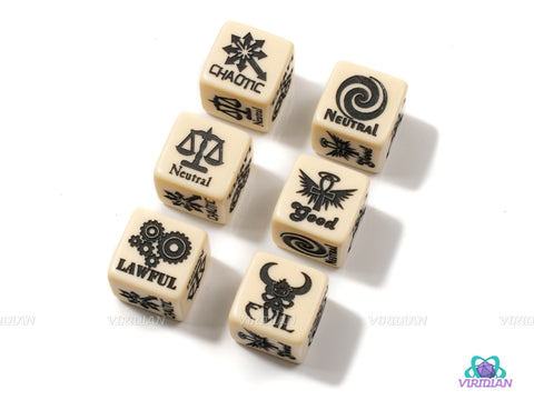 Alignment Dice (Set of 2) | Law/Neutral/Choas & Good/Neutral/Lawful Generator D6s | 1 of Each Die (2 Total Dice) | Chessex