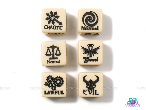 Alignment Dice (Set of 2) | Law/Neutral/Choas & Good/Neutral/Lawful Generator D6s | 1 of Each Die (2 Total Dice) | Chessex