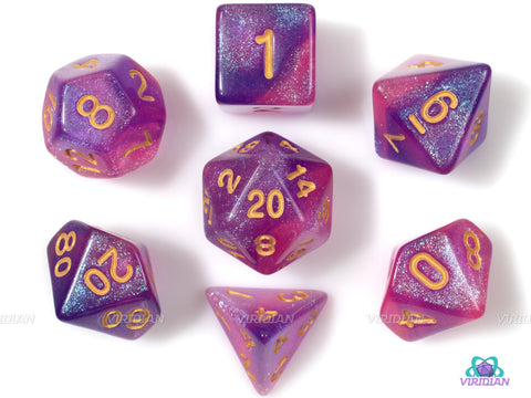 Arcane Spark (Gold) | Pink, Purple Glitter Acrylic Dice Set (7) | Dungeons and Dragons (DnD)