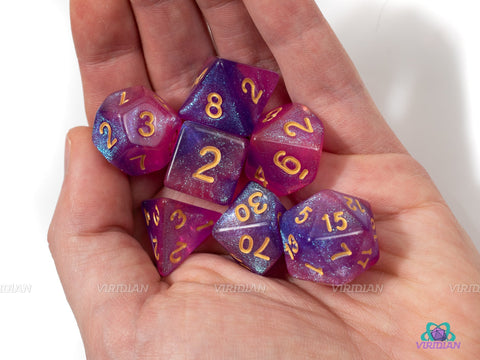 Arcane Spark (Gold) | Pink, Purple Glitter Acrylic Dice Set (7) | Dungeons and Dragons (DnD)