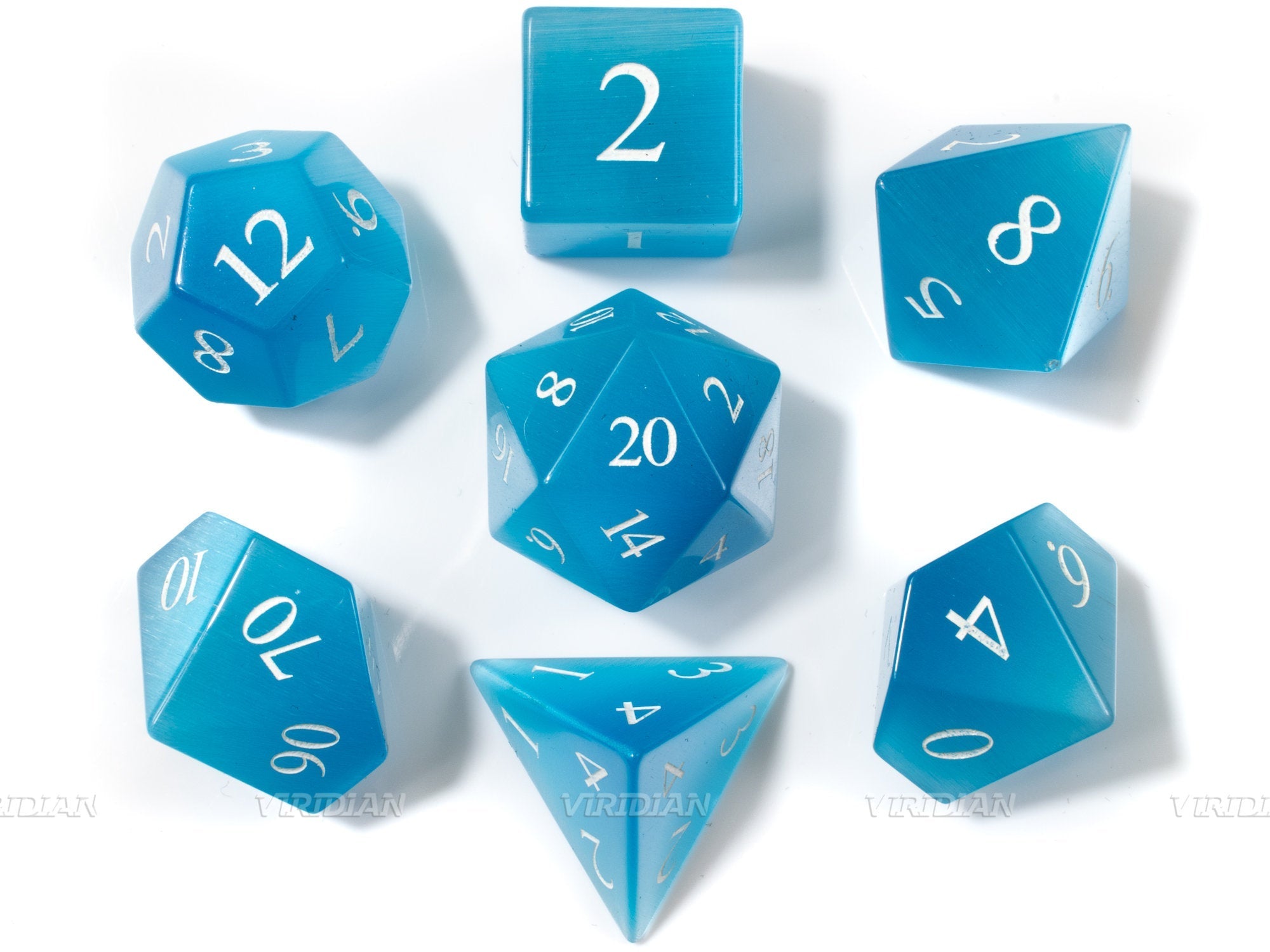 Blue Cat Eye Sandstone | Real Gemstone Dice Set (7) | Dungeons and Dragons (DnD) | Tabletop RPG Gaming